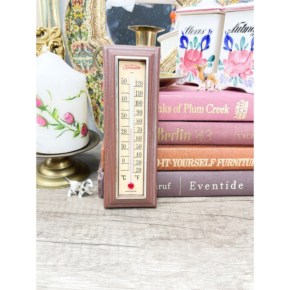 Sunbeam Vintage Indoor Wall Thermometer Wood Grain Frame Analog Made in USA